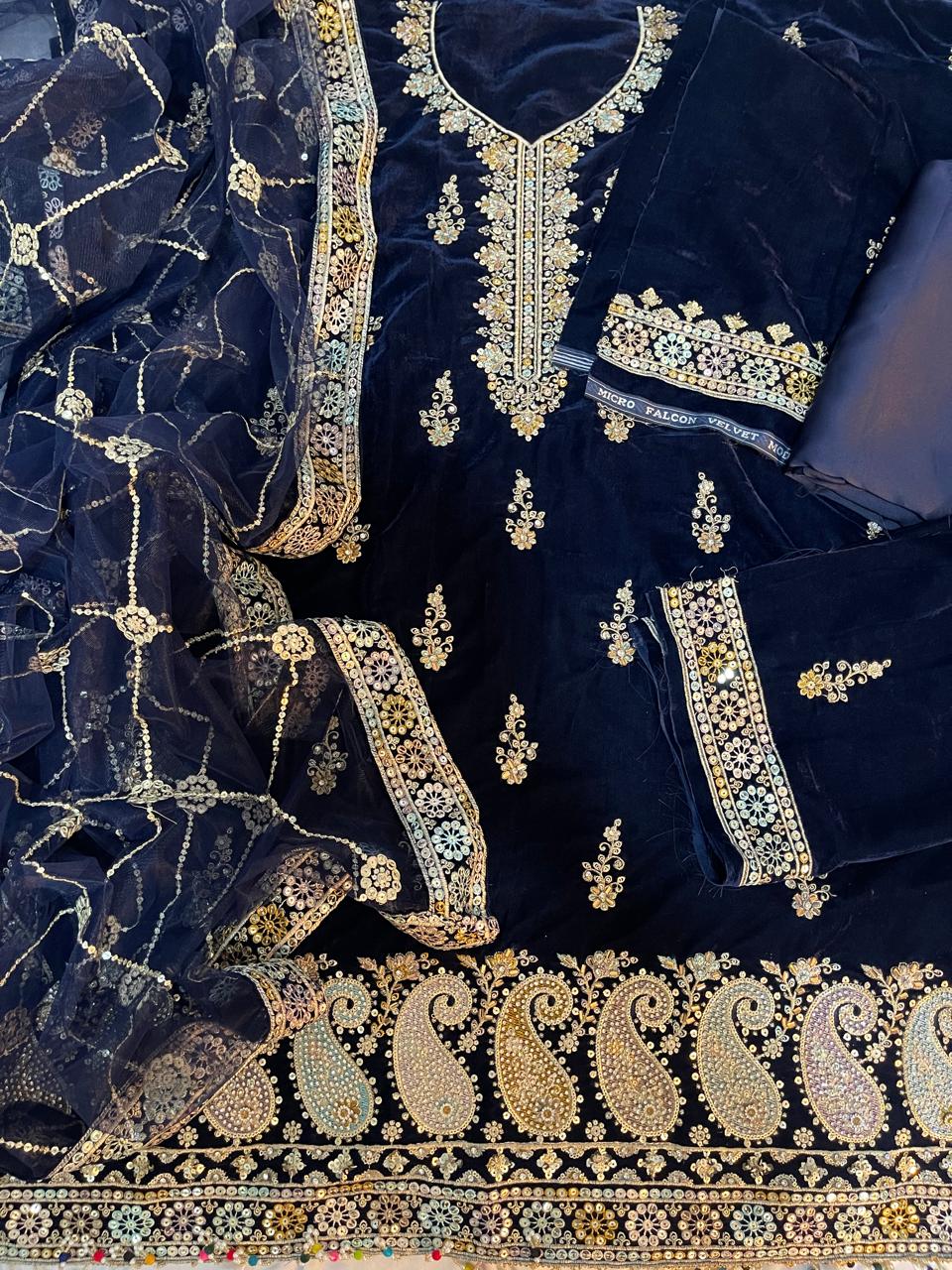 3-Piece Unstitched Luxury Embroidered Velvet Dress