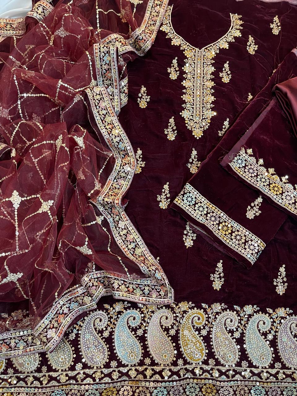 3-Piece Unstitched Luxury Embroidered Velvet Dress