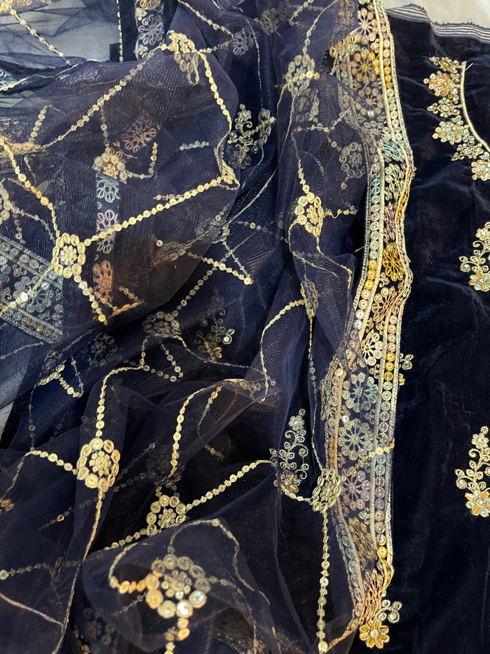 3-Piece Unstitched Luxury Embroidered Velvet Dress