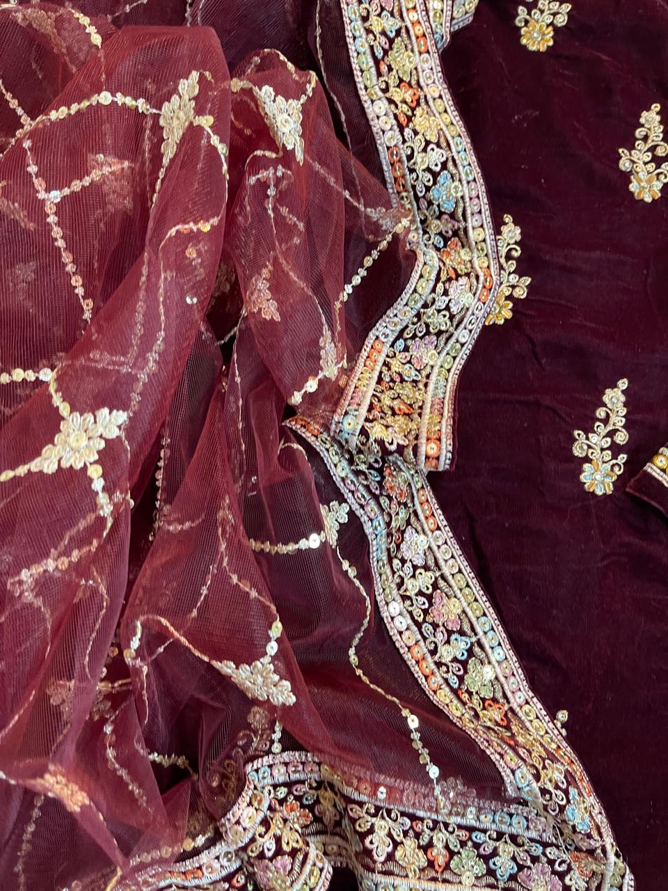 3-Piece Unstitched Luxury Embroidered Velvet Dress
