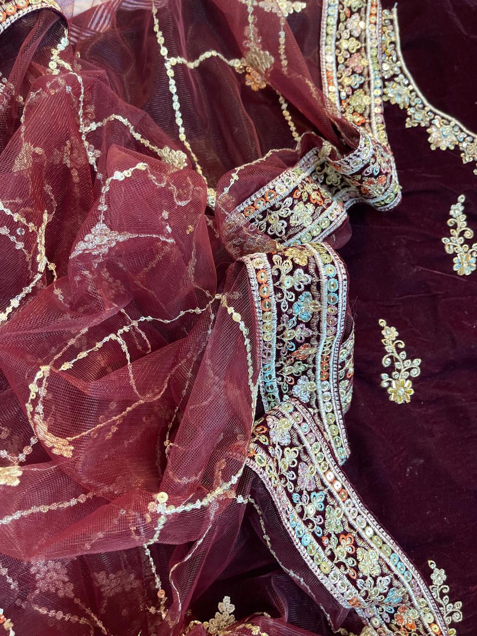 3-Piece Unstitched Luxury Embroidered Velvet Dress