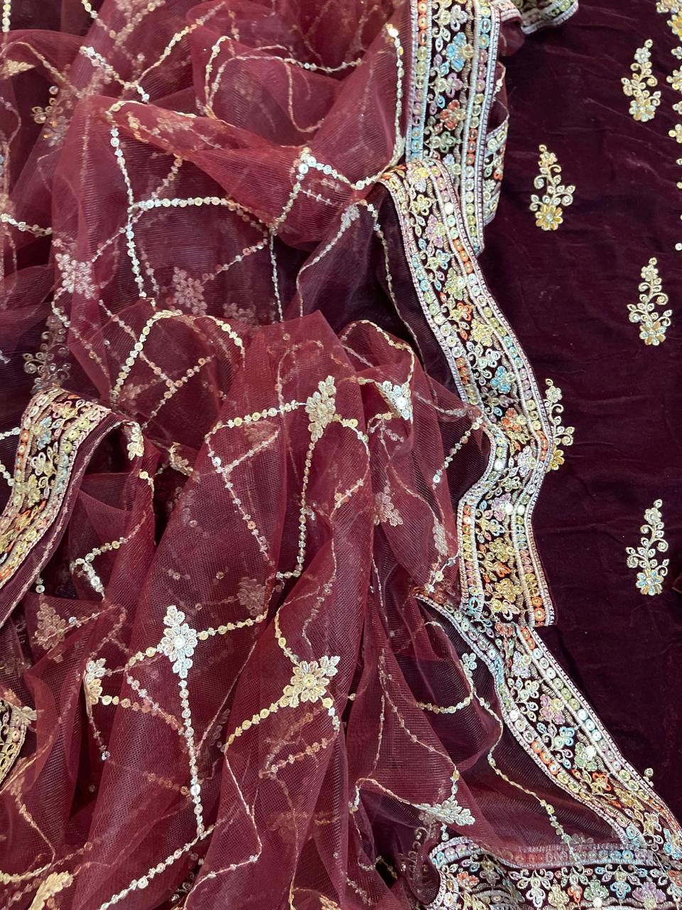 3-Piece Unstitched Luxury Embroidered Velvet Dress