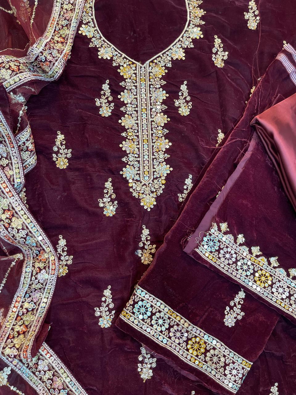 3-Piece Unstitched Luxury Embroidered Velvet Dress